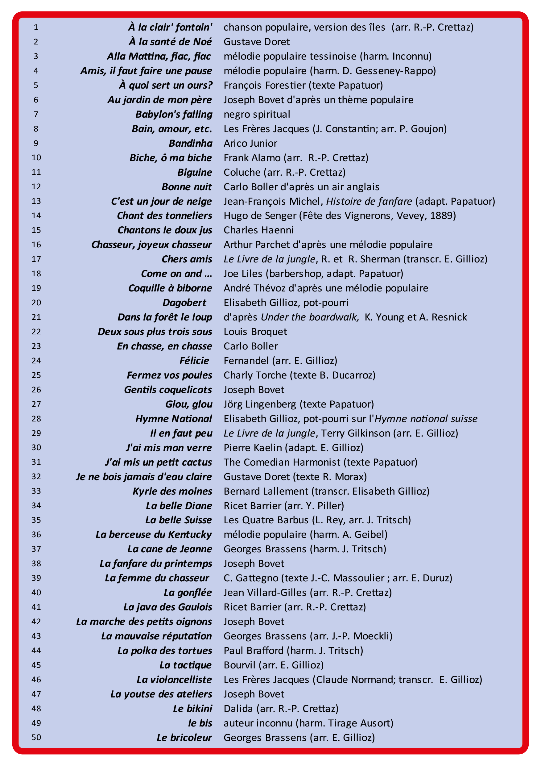 Liste des chansons 1 à 50